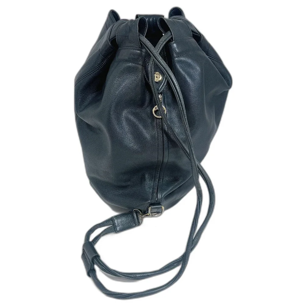 Longchamp RARE Vintage 90s Black Leather Drawstring Backpack Bag